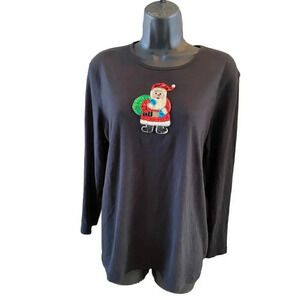 Karen Scott Womens Size Large Black Christmas Santa Sequin Shirt Top Long Vtg
